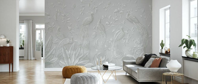 PHOTOWALL / Elegant Relief With Peacocks - Grey (e93427)