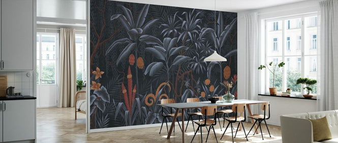 PHOTOWALL / Tropical Plants in the Jungle - Soft Navy on Brown (e93629)