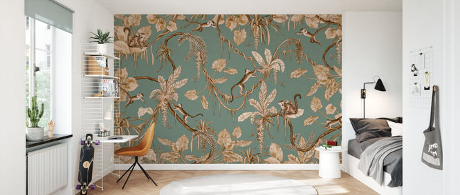 PHOTOWALL / Playful Monkeys - Monochrome - Green (e94570)