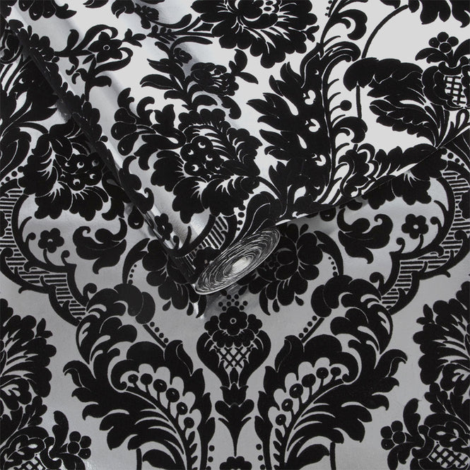 輸入壁紙 Graham & Brown / Gothic Damask Flock / Black & Silver 104562