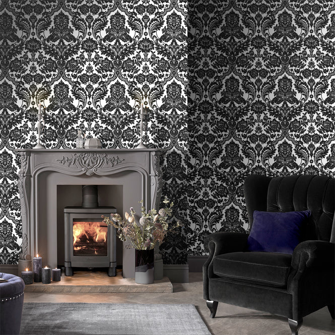 輸入壁紙 Graham & Brown / Gothic Damask Flock / Black & Silver 104562