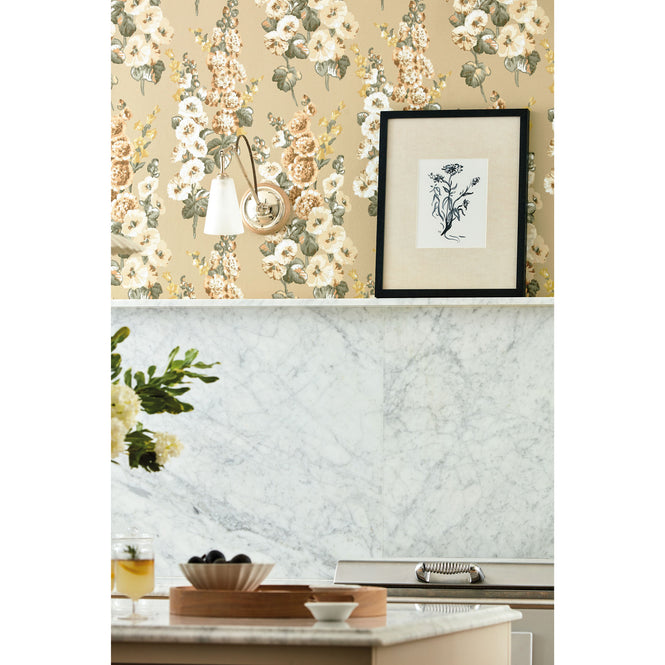 Sanderson / ONE SIXTY WALLPAPER COLLECTION / Hollyhocks Gold Metallic / Tan 217034