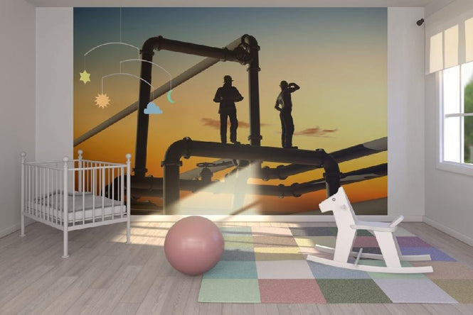 PHOTOWALL / Oil Workers and Pipes in Sunset (e20372)