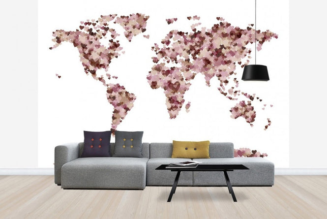 PHOTOWALL / Hearts World Map Pink (e22707)