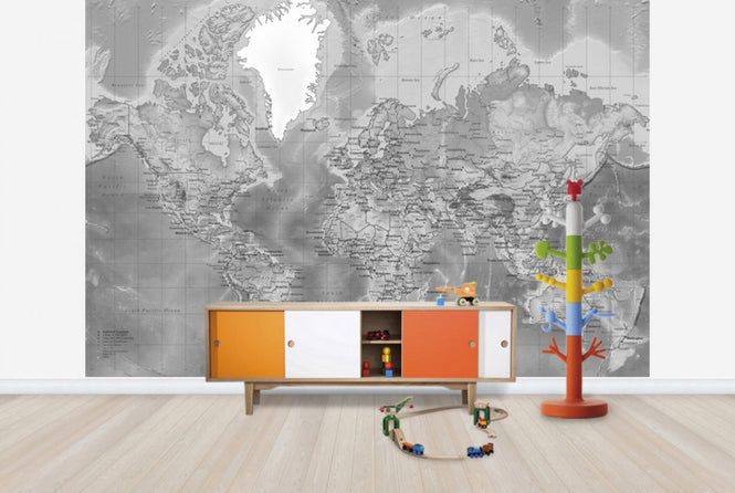 PHOTOWALL / World Map Detailed - Without Roads - Grey (e24436)