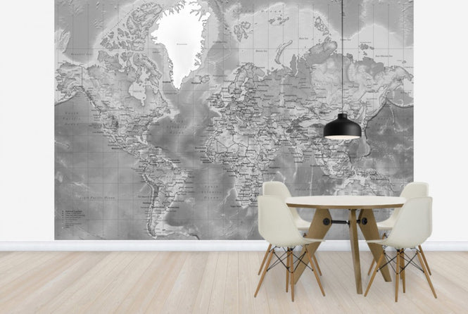 PHOTOWALL / World Map Detailed - Without Roads - Grey (e24436)