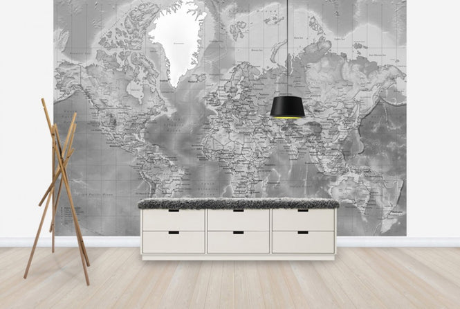 PHOTOWALL / World Map Detailed - Without Roads - Grey (e24436)