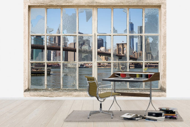 PHOTOWALL / Brooklyn Bridge through Broken Window (e30159)