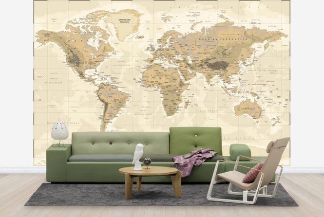PHOTOWALL / Beige and Green World Map (e30325)