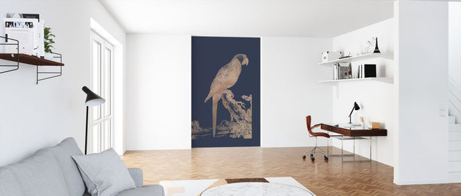 PHOTOWALL / Rose Gold Foil Parrot I on Imperial Blue (e321420)