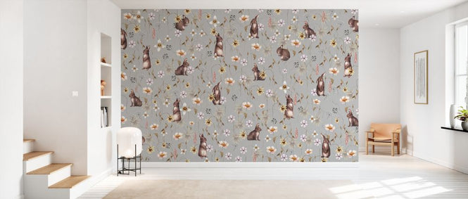 PHOTOWALL / Rabbits and Flowers - Gray (e333047)