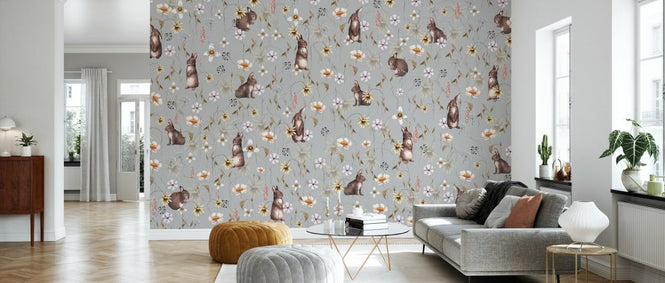 PHOTOWALL / Rabbits and Flowers - Gray (e333047)