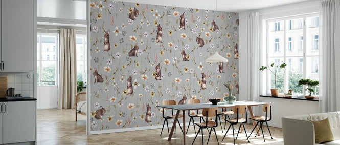PHOTOWALL / Rabbits and Flowers - Gray (e333047)