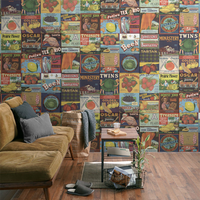 はがせる 壁紙 【Hattan Pattern】NLXL Crate labels Fruit & Vegetables HMRV-08(6枚セット)