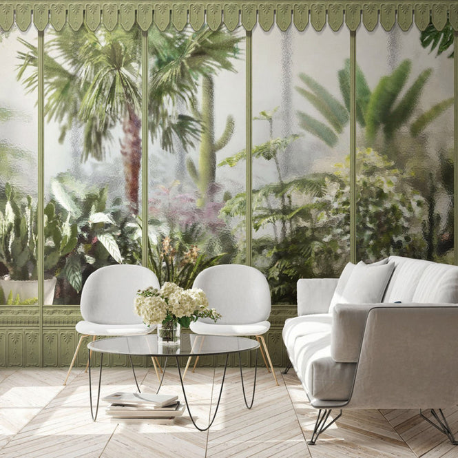 KOZIEL / Papier peint panoramique jardin d'hiver serre vert tilleul LPV030