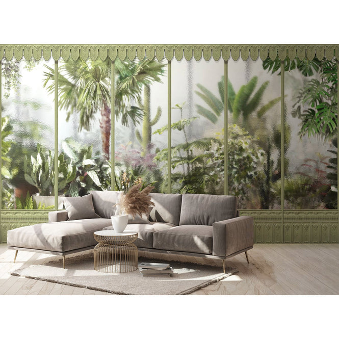 KOZIEL / Papier peint panoramique jardin d'hiver serre vert tilleul LPV030