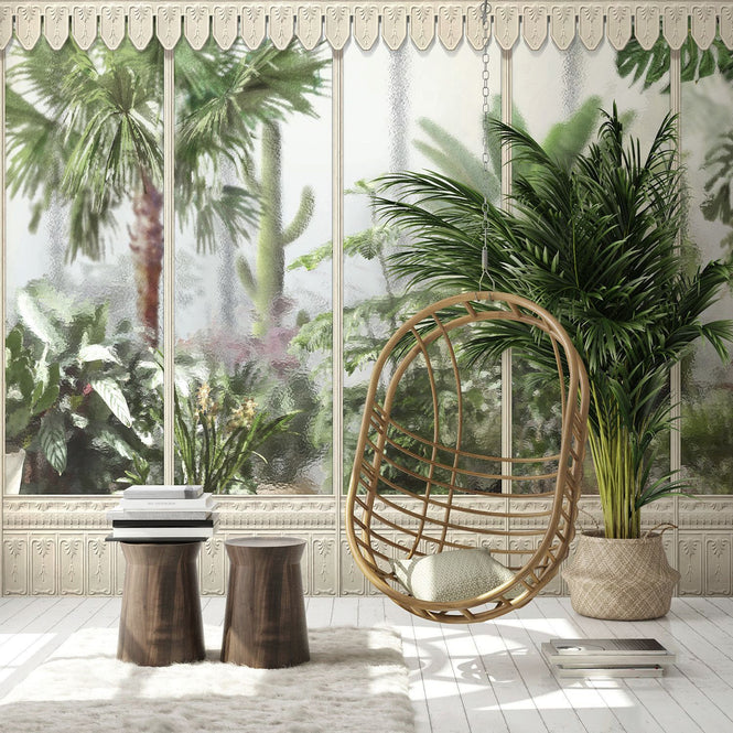 KOZIEL / Papier peint panoramique jardin d'hiver serre blanc casse LPV031