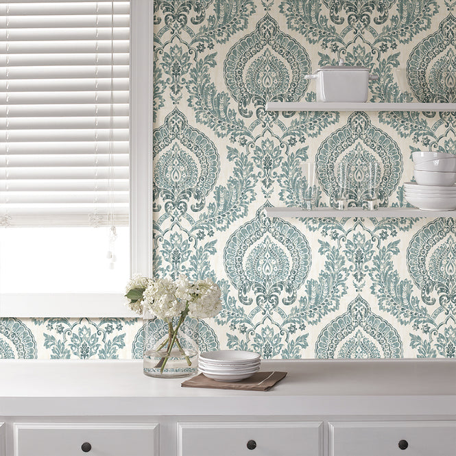 はがせる シール 壁紙 NU WALLPAPER / Kensington Damask Blue Peel and Stick Wallpaper / NU1702