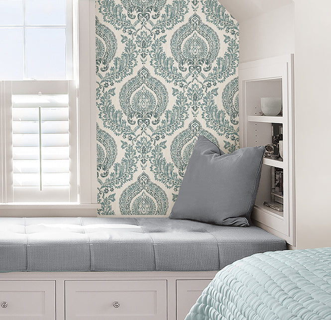 【予約受付】はがせる シール 壁紙 NU WALLPAPER / Kensington Damask Blue Peel and Stick Wallpaper / NU1702
