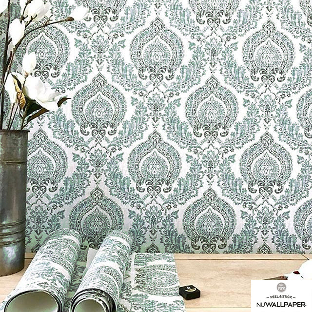 【予約受付】はがせる シール 壁紙 NU WALLPAPER / Kensington Damask Blue Peel and Stick Wallpaper / NU1702