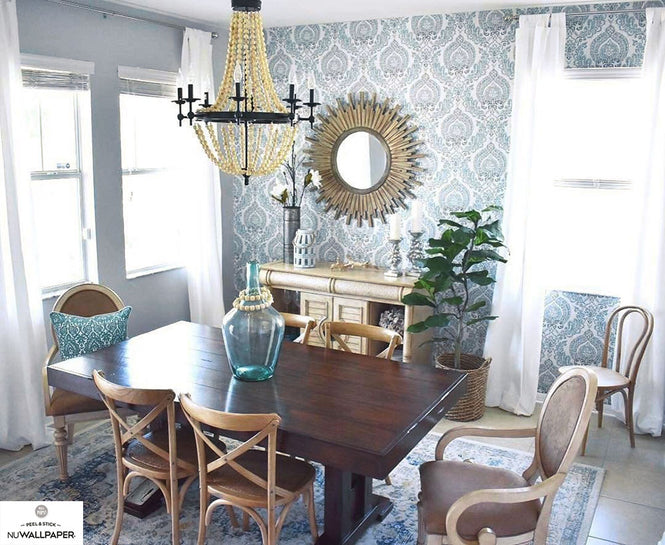 はがせる シール 壁紙 NU WALLPAPER / Kensington Damask Blue Peel and Stick Wallpaper / NU1702