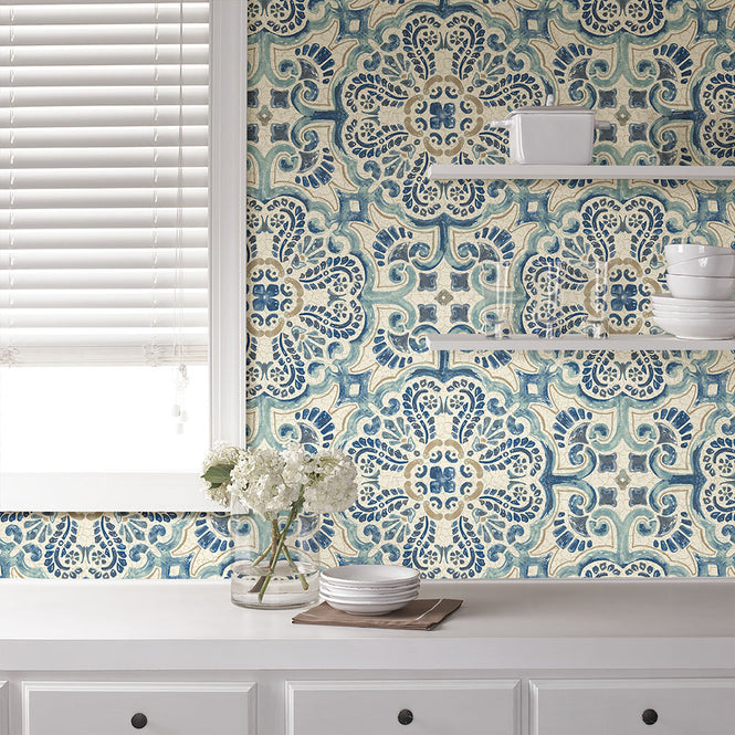 はがせる シール 壁紙 NU WALLPAPER / Blue Florentine Tile Peel and Stick Wallpaper / NU2235 (NUS2235)