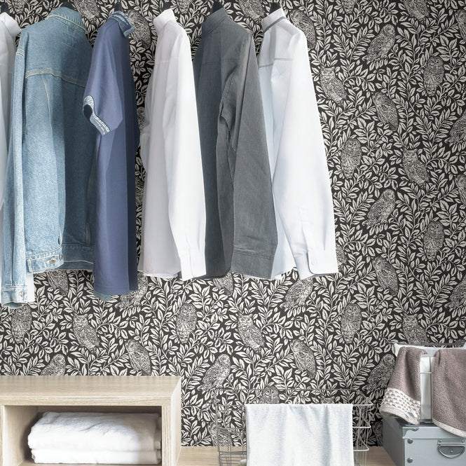 はがせる シール 壁紙 NU WALLPAPER / Charcoal Sleepy Owls Peel and Stick Wallpaper / NUS3625